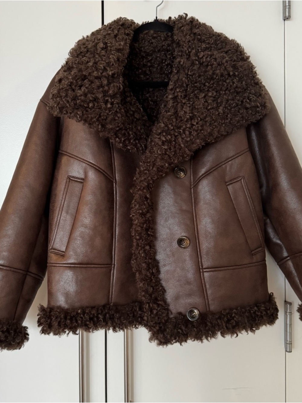 Lamarque Dark Brown Faux Fur Sherpa Leather Jacket - Picture 2 of 5